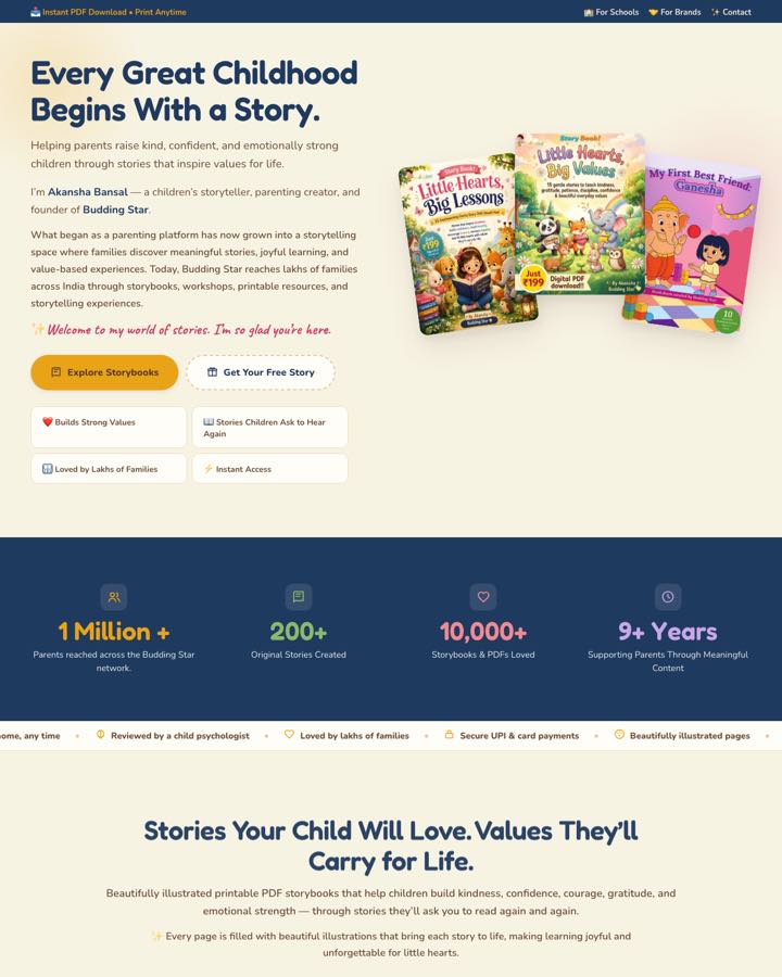 Website Sprout Sage Solutions designed and built for Budding Star, Children's publishing · ecommerce